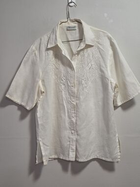Seasons Cream Embroidered 100% Linen Button-Up Blouse